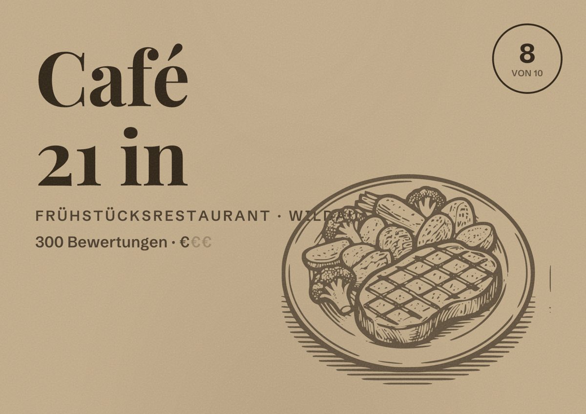 Illustriertes Poster von Café 21 in, Frühstücksrestaurant in Wildau: Bewertung 8 von 10 aus 300 Bewertungen, Preisniveau €