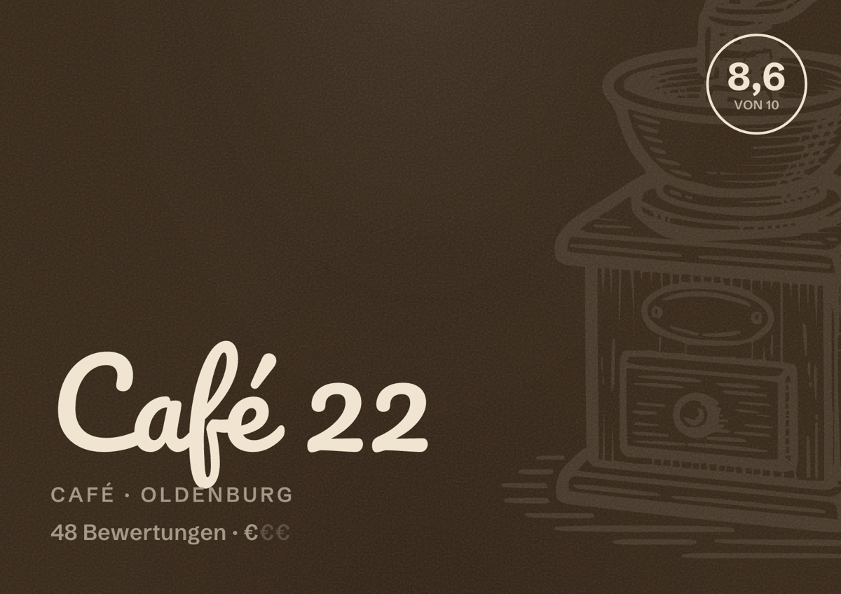 Illustriertes Poster von Café 22, Café in Oldenburg: Bewertung 8,6 von 10 aus 48 Bewertungen, Preisniveau €
