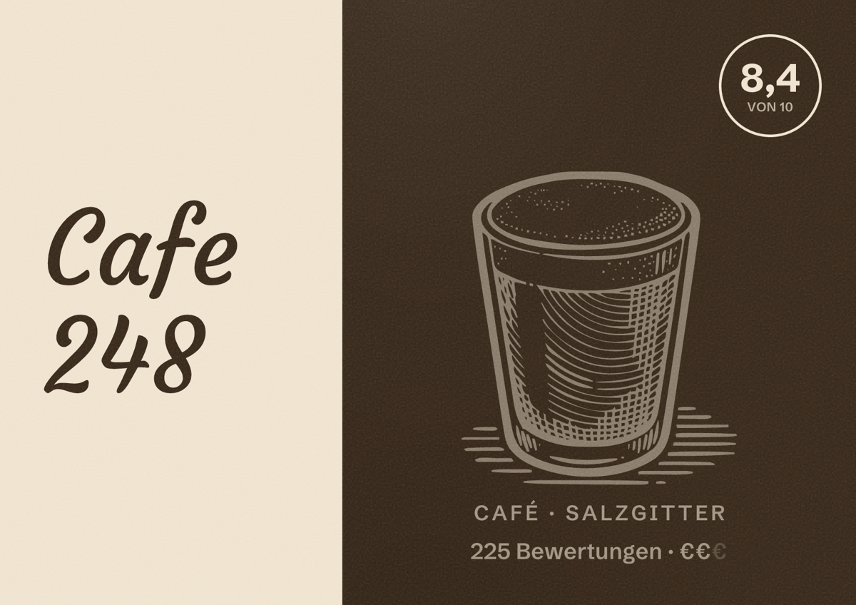 Illustriertes Poster von Cafe 248, Café in Salzgitter: Bewertung 8,4 von 10 aus 225 Bewertungen, Preisniveau €€
