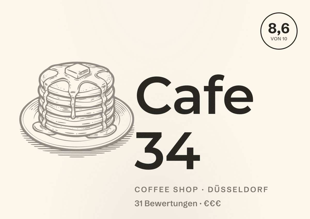 Illustriertes Poster von Cafe 34, Coffee Shop in Düsseldorf: Bewertung 8,6 von 10 aus 31 Bewertungen, Preisniveau €€€