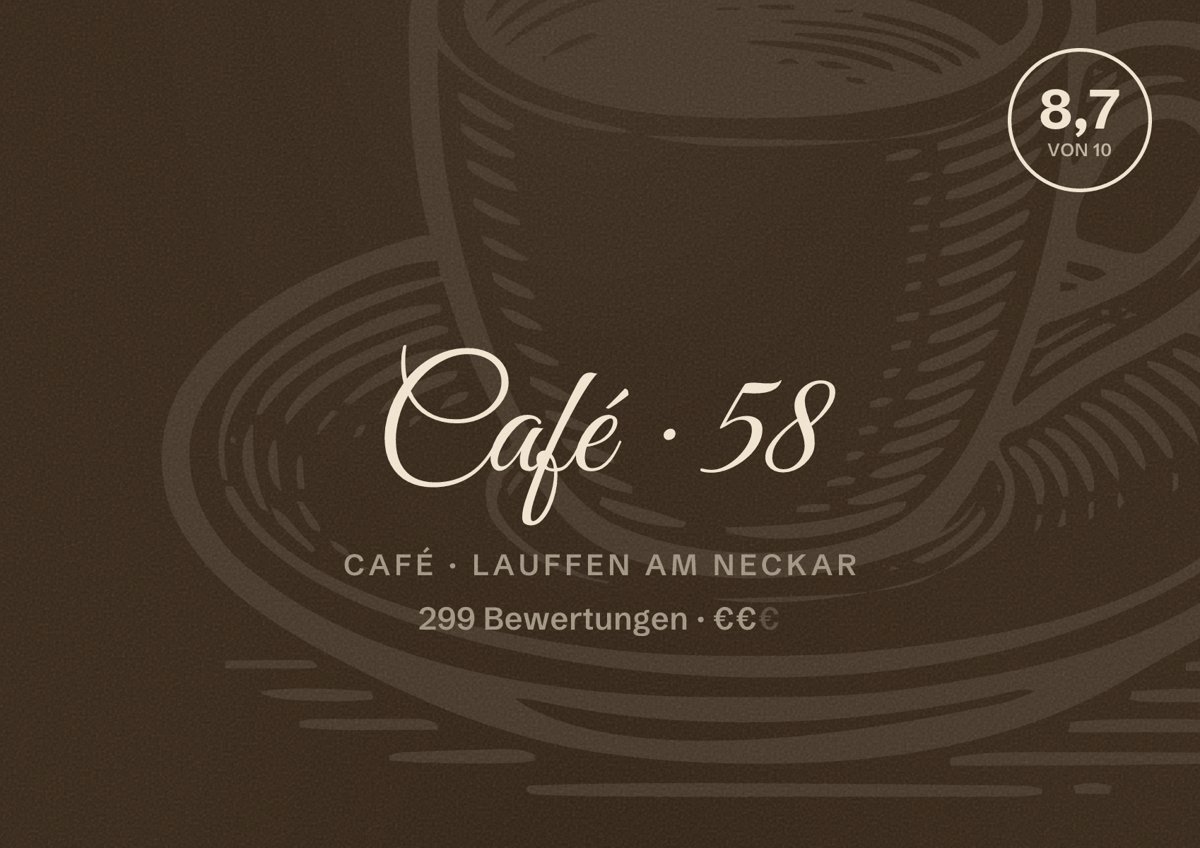 Illustriertes Poster von Café 58, Café in Lauffen am Neckar: Bewertung 8,7 von 10 aus 299 Bewertungen, Preisniveau €€