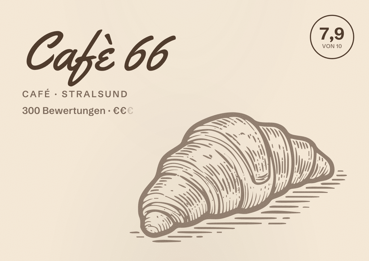 Illustriertes Poster von Cafè 66, Café in Stralsund: Bewertung 7,9 von 10 aus 300 Bewertungen, Preisniveau €€