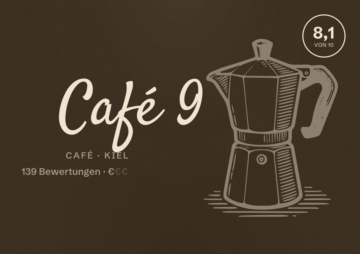 Illustriertes Poster von Café 9, Café in Kiel: Bewertung 8,1 von 10 aus 139 Bewertungen, Preisniveau €