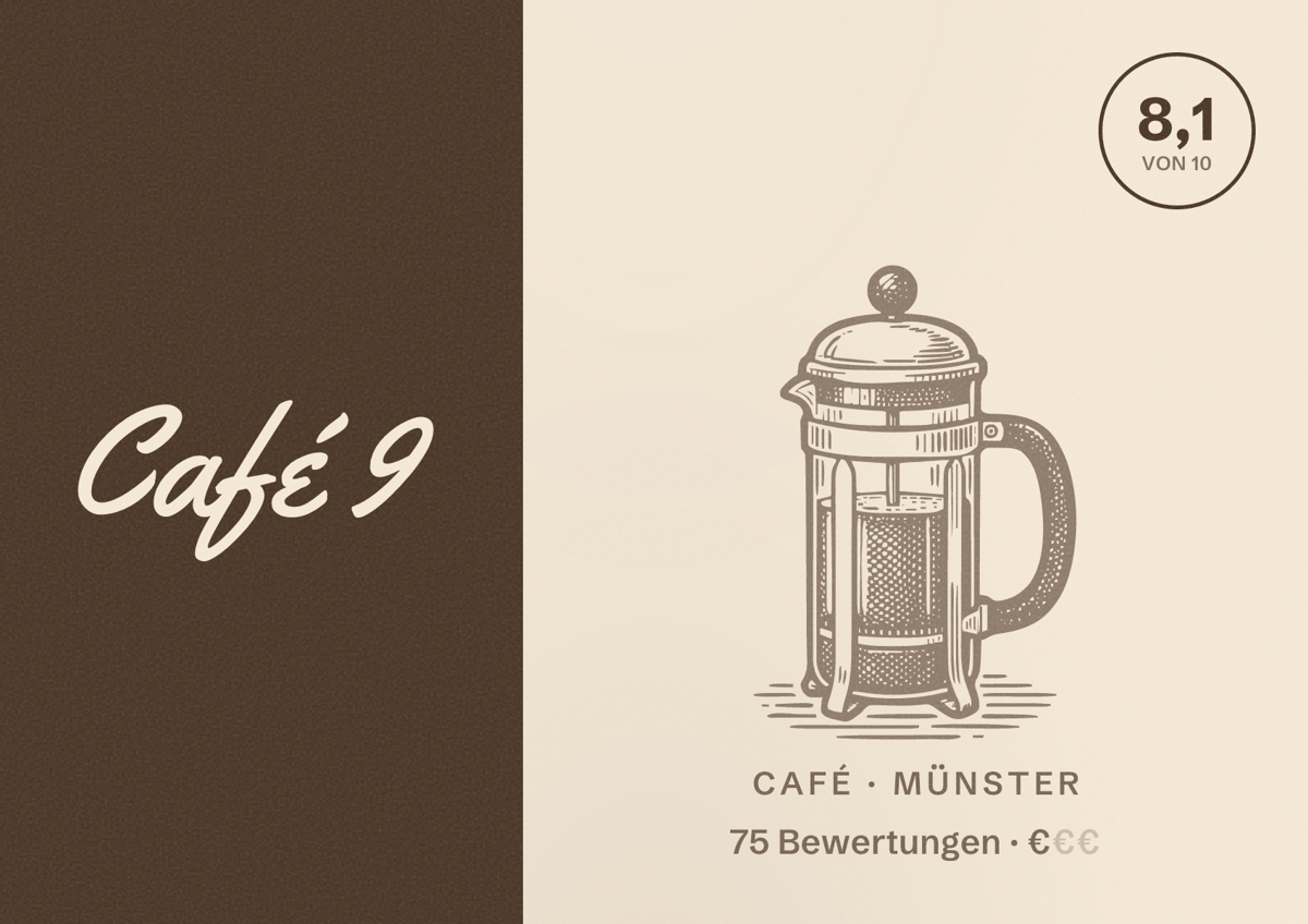 Illustriertes Poster von Café 9, Café in Münster: Bewertung 8,1 von 10 aus 75 Bewertungen, Preisniveau €