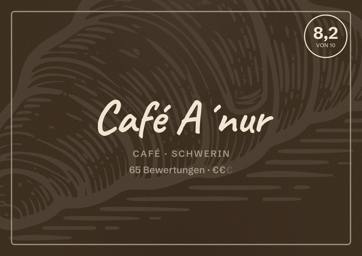 Illustriertes Poster von Café A´nur, Café in Schwerin: Bewertung 8,2 von 10 aus 65 Bewertungen, Preisniveau €€