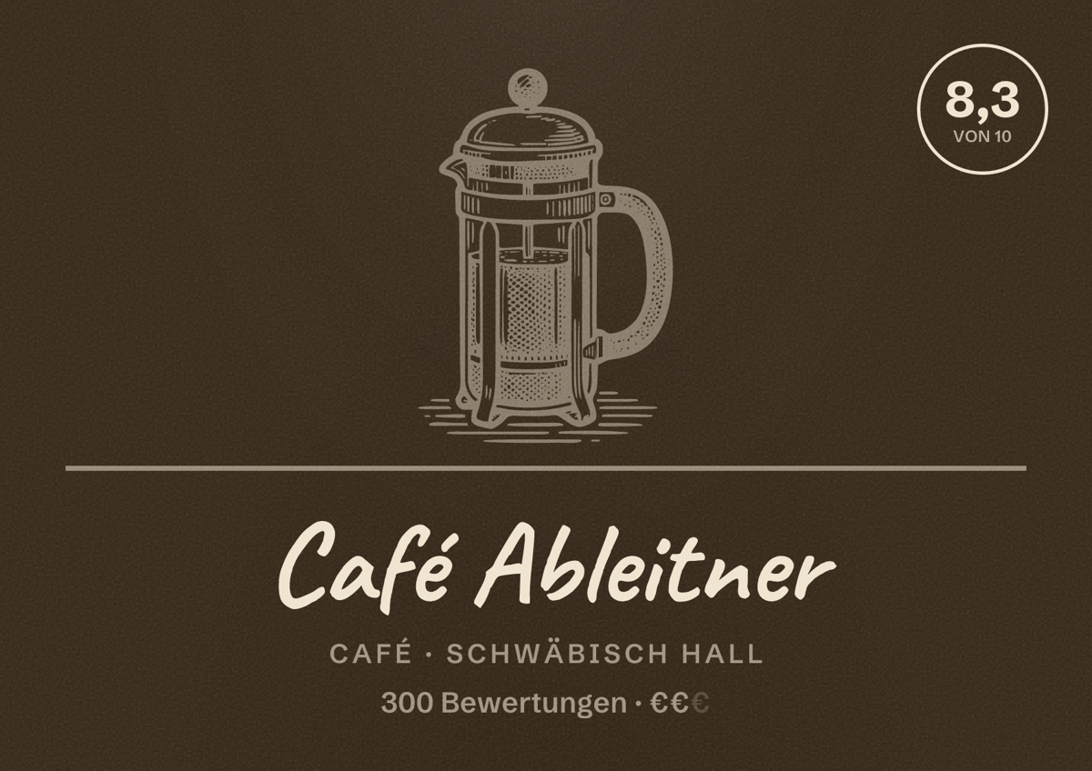 Illustriertes Poster von Café Ableitner, Café in Schwäbisch Hall: Bewertung 8,3 von 10 aus 300 Bewertungen, Preisniveau €€