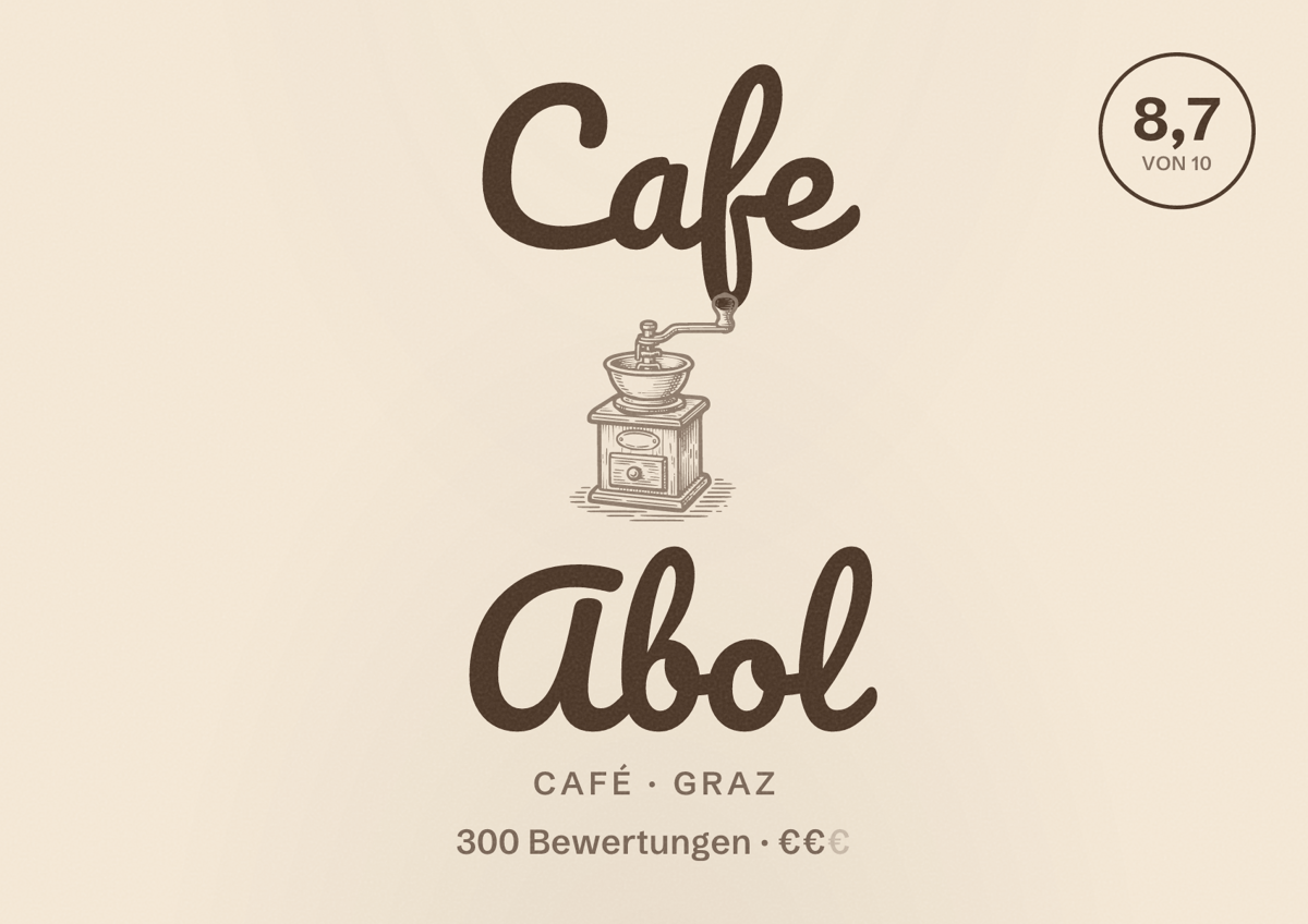 Illustriertes Poster von Cafe Abol, Café in Graz: Bewertung 8,7 von 10 aus 300 Bewertungen, Preisniveau €€