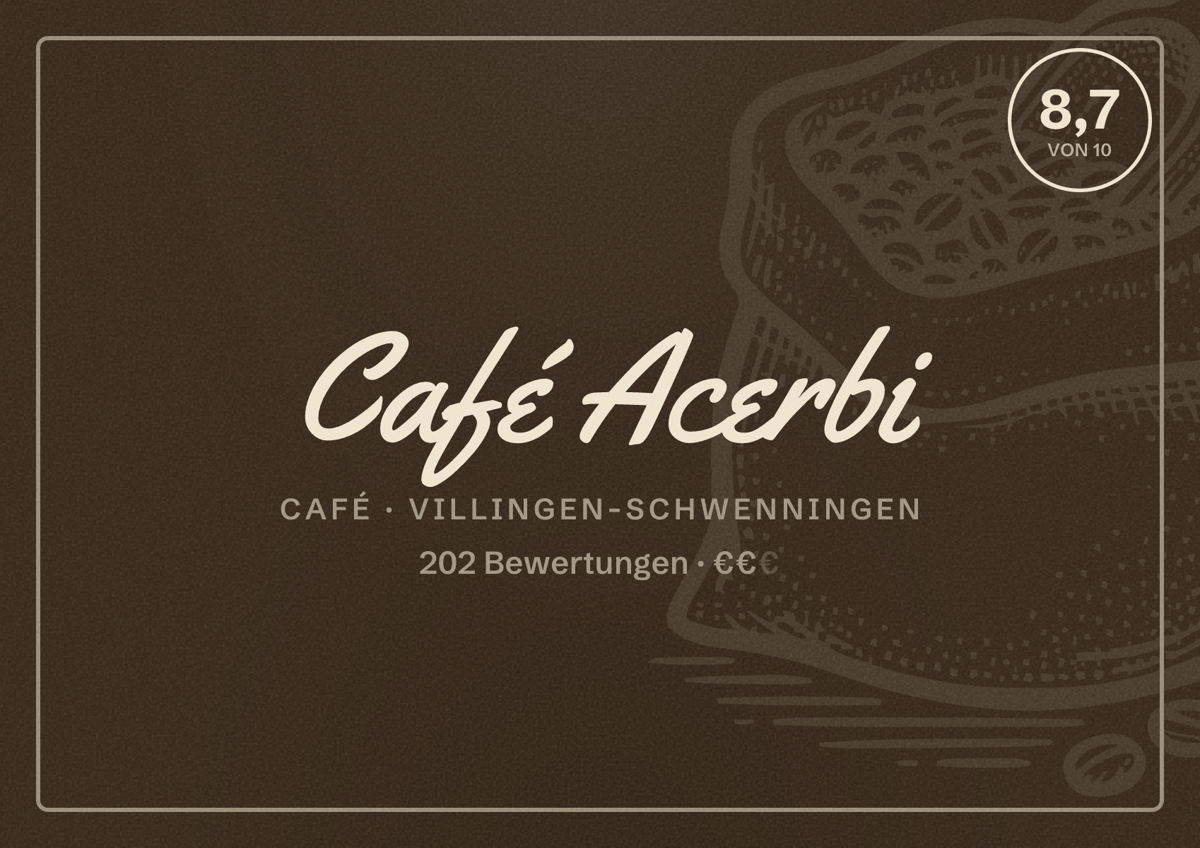 Illustriertes Poster von Café Acerbi, Café in Villingen-Schwenningen: Bewertung 8,7 von 10 aus 202 Bewertungen, Preisniveau €€