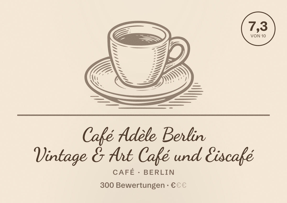 Illustriertes Poster von Café Adèle Berlin Vintage & Art Café und Eiscafé, Café in Berlin: Bewertung 7,3 von 10 aus 300 Bewertungen, Preisniveau €