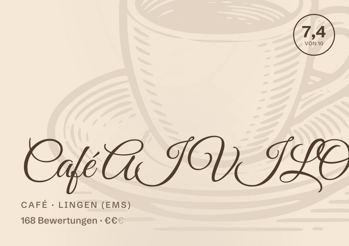 Illustriertes Poster von Café AIVILO, Café in Lingen (Ems): Bewertung 7,4 von 10 aus 168 Bewertungen, Preisniveau €€