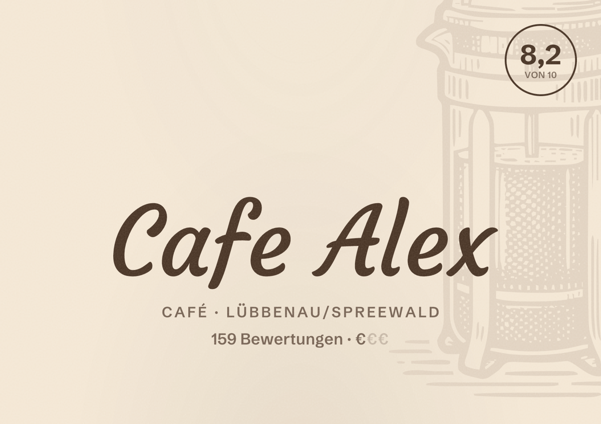 Illustriertes Poster von Cafe Alex, Café in Lübbenau/Spreewald: Bewertung 8,2 von 10 aus 159 Bewertungen, Preisniveau €