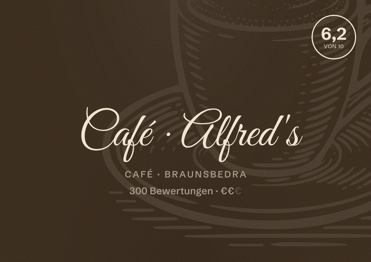 Illustriertes Poster von Café Alfred's, Café in Braunsbedra: Bewertung 6,2 von 10 aus 300 Bewertungen, Preisniveau €€
