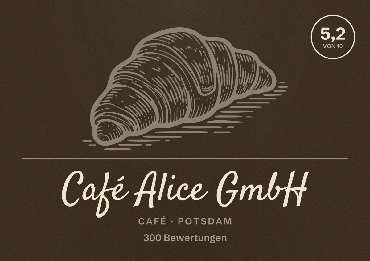 Illustriertes Poster von Café Alice GmbH, Café in Potsdam: Bewertung 5,2 von 10 aus 300 Bewertungen