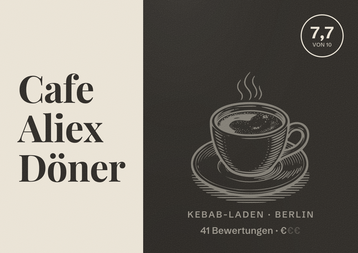 Illustriertes Poster von Cafe Aliex Döner, Kebab-Laden in Berlin: Bewertung 7,7 von 10 aus 41 Bewertungen, Preisniveau €