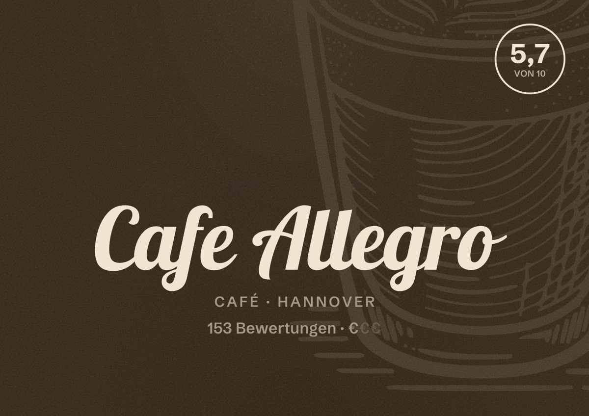 Illustriertes Poster von Cafe Allegro, Café in Hannover: Bewertung 5,7 von 10 aus 153 Bewertungen, Preisniveau €