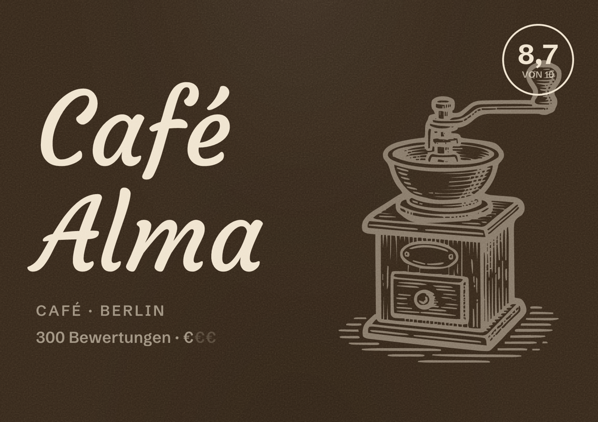 Illustriertes Poster von Café Alma, Café in Berlin: Bewertung 8,7 von 10 aus 300 Bewertungen, Preisniveau €