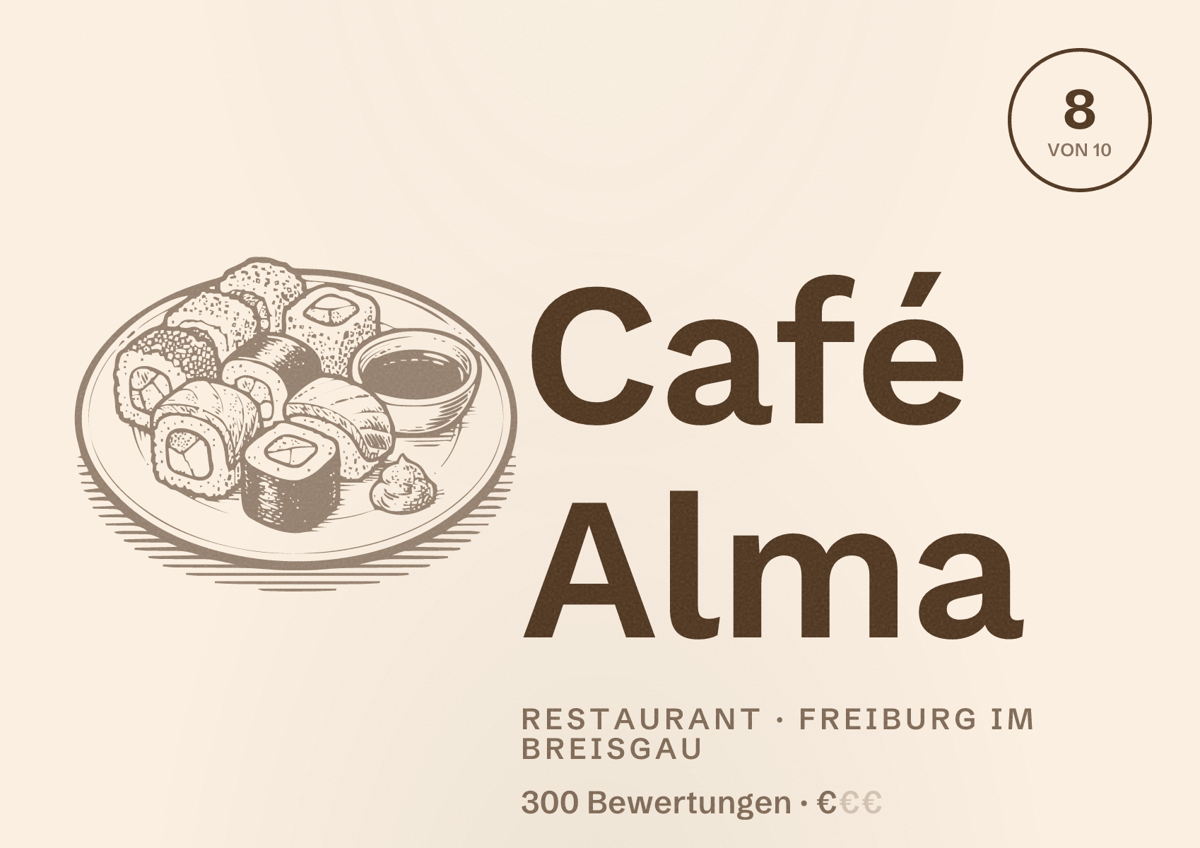 Illustriertes Poster von Café Alma, Restaurant in Freiburg im Breisgau: Bewertung 8,0 von 10 aus 300 Bewertungen, Preisniveau €