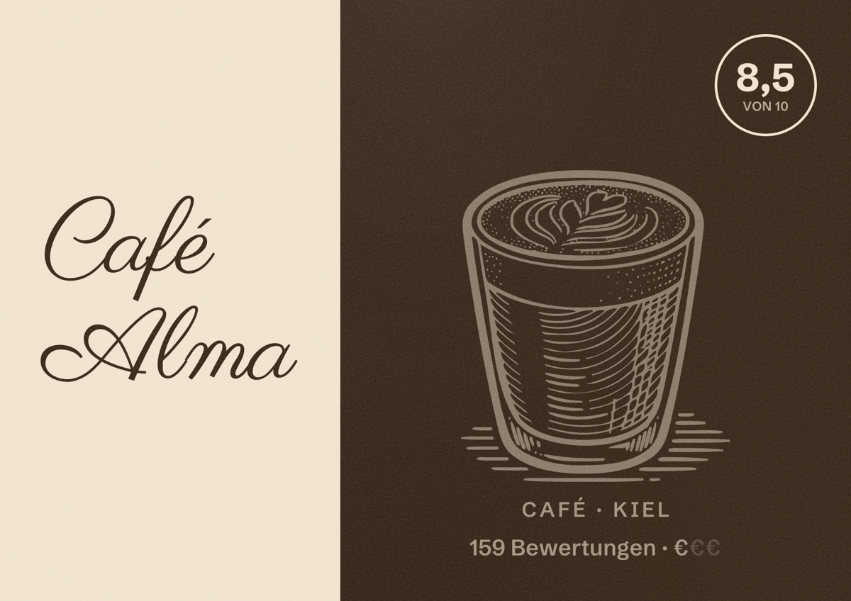 Illustriertes Poster von Café Alma, Café in Kiel: Bewertung 8,5 von 10 aus 159 Bewertungen, Preisniveau €
