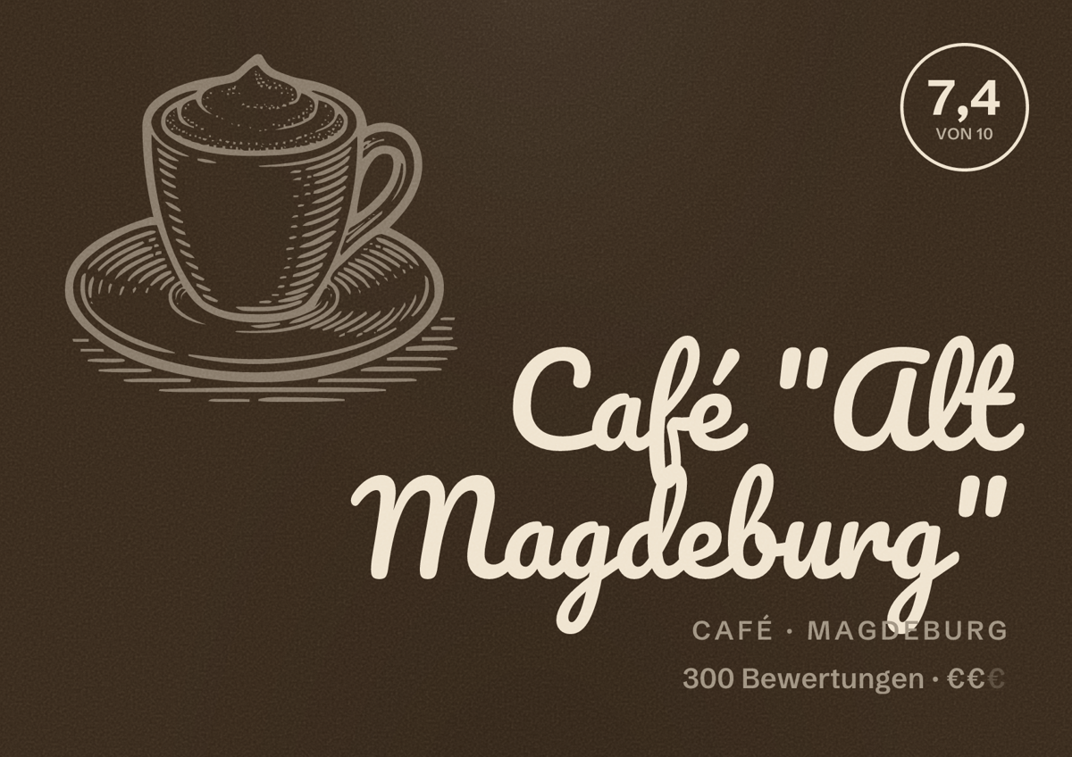 Illustriertes Poster von Café "Alt Magdeburg", Café in Magdeburg: Bewertung 7,4 von 10 aus 300 Bewertungen, Preisniveau €€