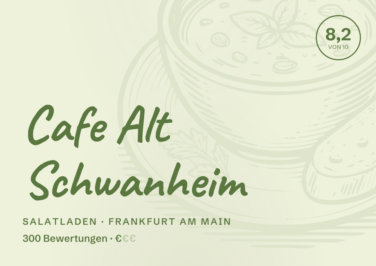 Illustriertes Poster von Cafe Alt Schwanheim, Salatladen in Frankfurt am Main: Bewertung 8,2 von 10 aus 300 Bewertungen, Preisniveau €