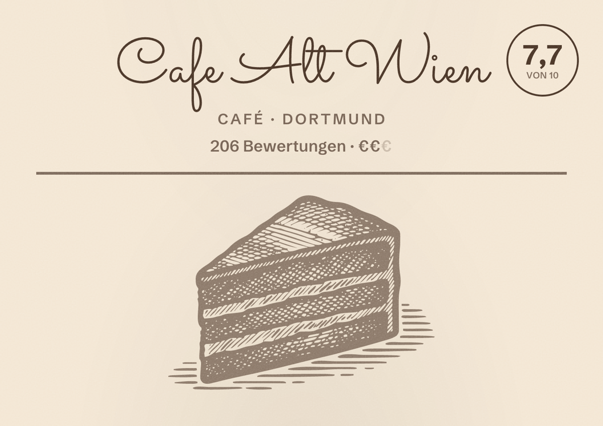 Illustriertes Poster von Cafe Alt Wien, Café in Dortmund: Bewertung 7,7 von 10 aus 206 Bewertungen, Preisniveau €€