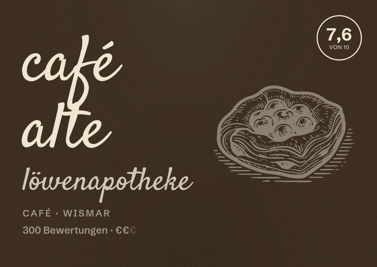 Illustriertes Poster von café alte löwenapotheke, Café in Wismar: Bewertung 7,6 von 10 aus 300 Bewertungen, Preisniveau €€