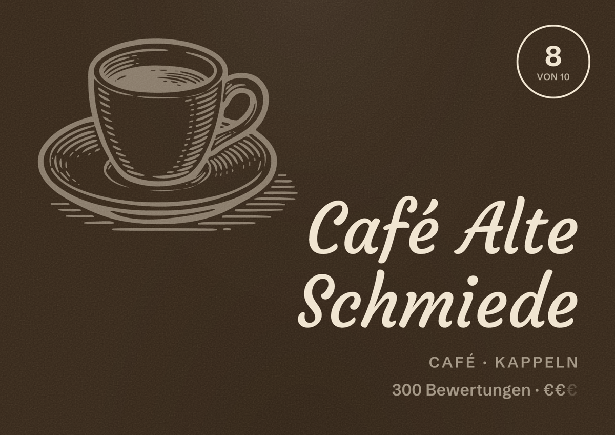 Illustriertes Poster von Café Alte Schmiede, Café in Kappeln: Bewertung 8 von 10 aus 300 Bewertungen, Preisniveau €€
