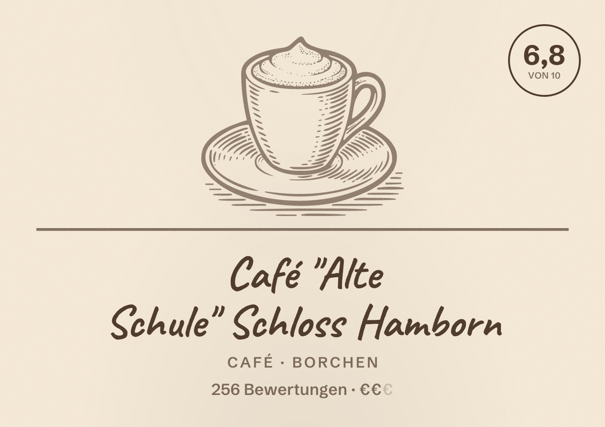 Illustriertes Poster von Café "Alte Schule" Schloss Hamborn, Café in Borchen: Bewertung 6,8 von 10 aus 256 Bewertungen, Preisniveau €€