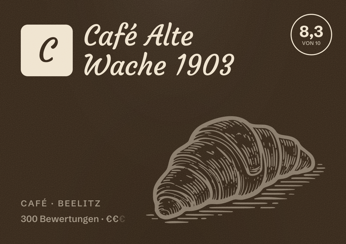Illustriertes Poster von Café Alte Wache 1903, Café in Beelitz: Bewertung 8,3 von 10 aus 300 Bewertungen, Preisniveau €€