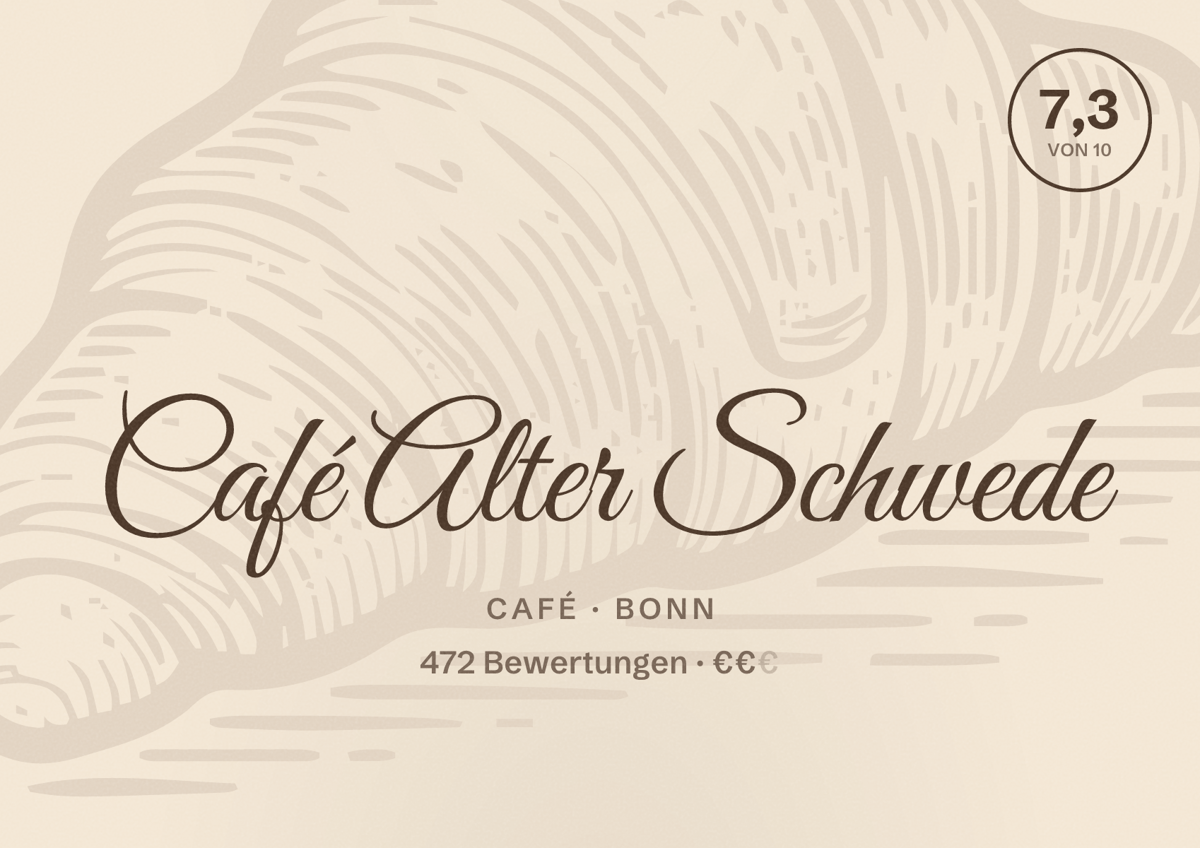Illustriertes Poster von Café Alter Schwede, Café in Bonn: Bewertung 7,3 von 10 aus 472 Bewertungen, Preisniveau €€