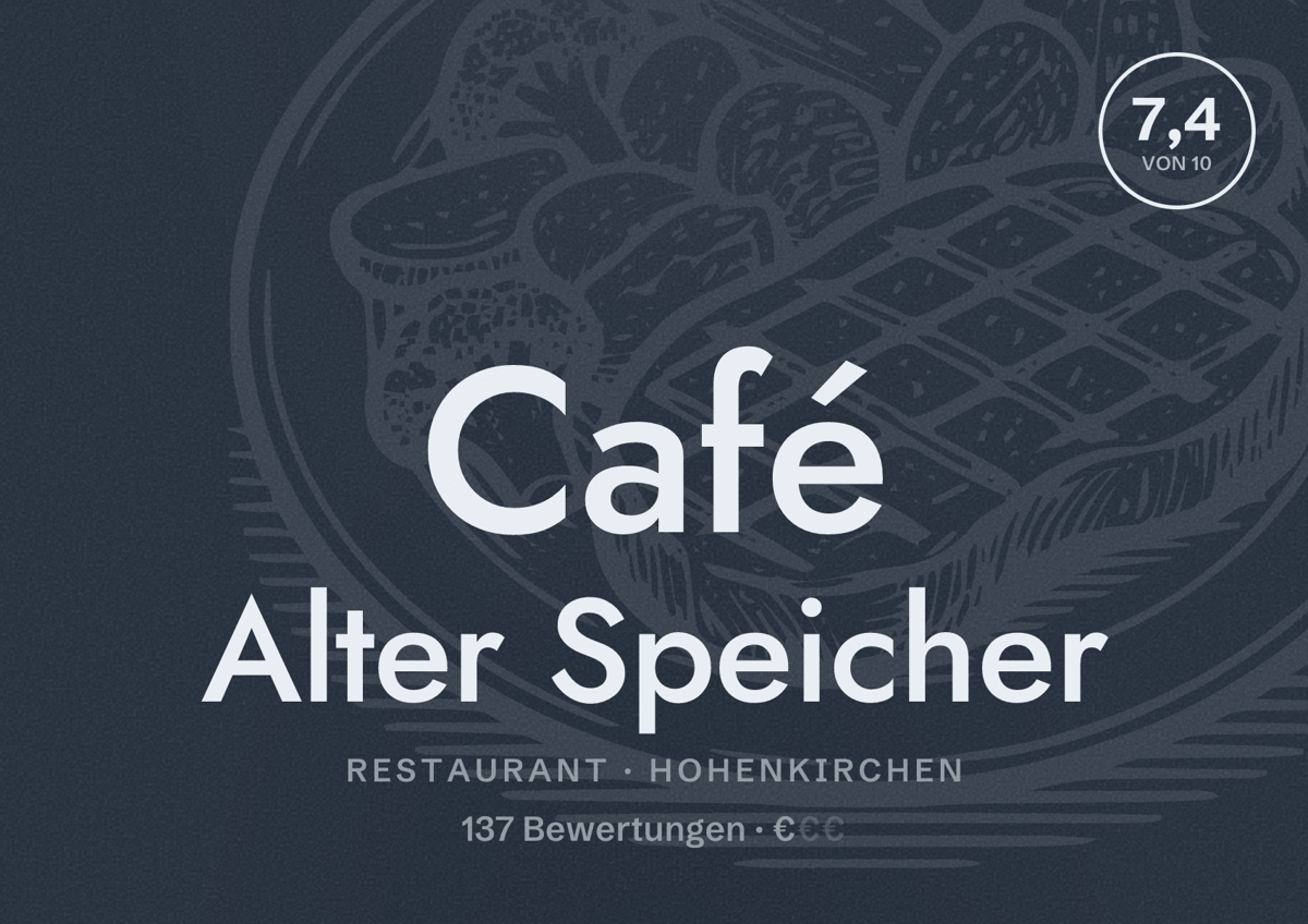 Illustriertes Poster von Café Alter Speicher, Restaurant in Hohenkirchen: Bewertung 7,4 von 10 aus 137 Bewertungen, Preisniveau €