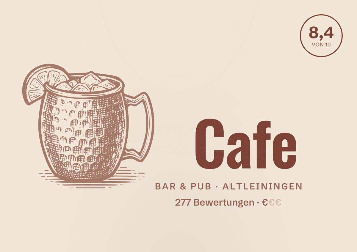 Illustriertes Poster von Cafe, Bar & Pub in Altleiningen: Bewertung 8,4 von 10 aus 277 Bewertungen, Preisniveau €