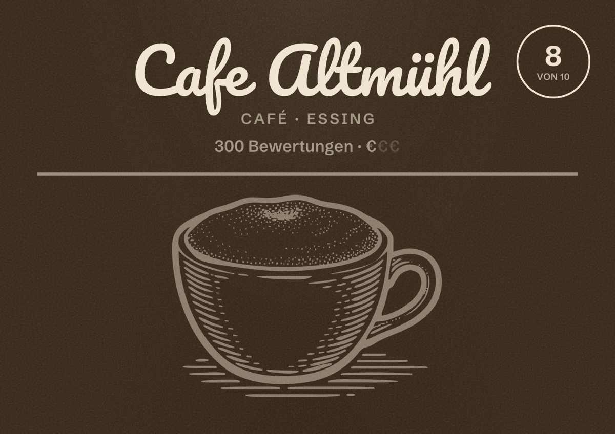 Illustriertes Poster von Cafe Altmühl, Café in Essing: Bewertung 8 von 10 aus 300 Bewertungen, Preisniveau €
