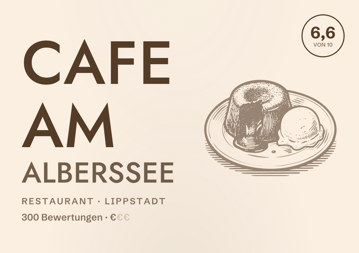 Illustriertes Poster von Cafe am Alberssee, Restaurant in Lippstadt: Bewertung 6,6 von 10 aus 300 Bewertungen, Preisniveau €
