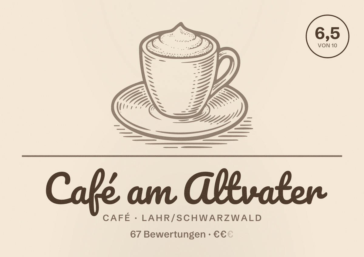 Illustriertes Poster von Café am Altvater, Café in Lahr/Schwarzwald: Bewertung 6,5 von 10 aus 67 Bewertungen, Preisniveau €€