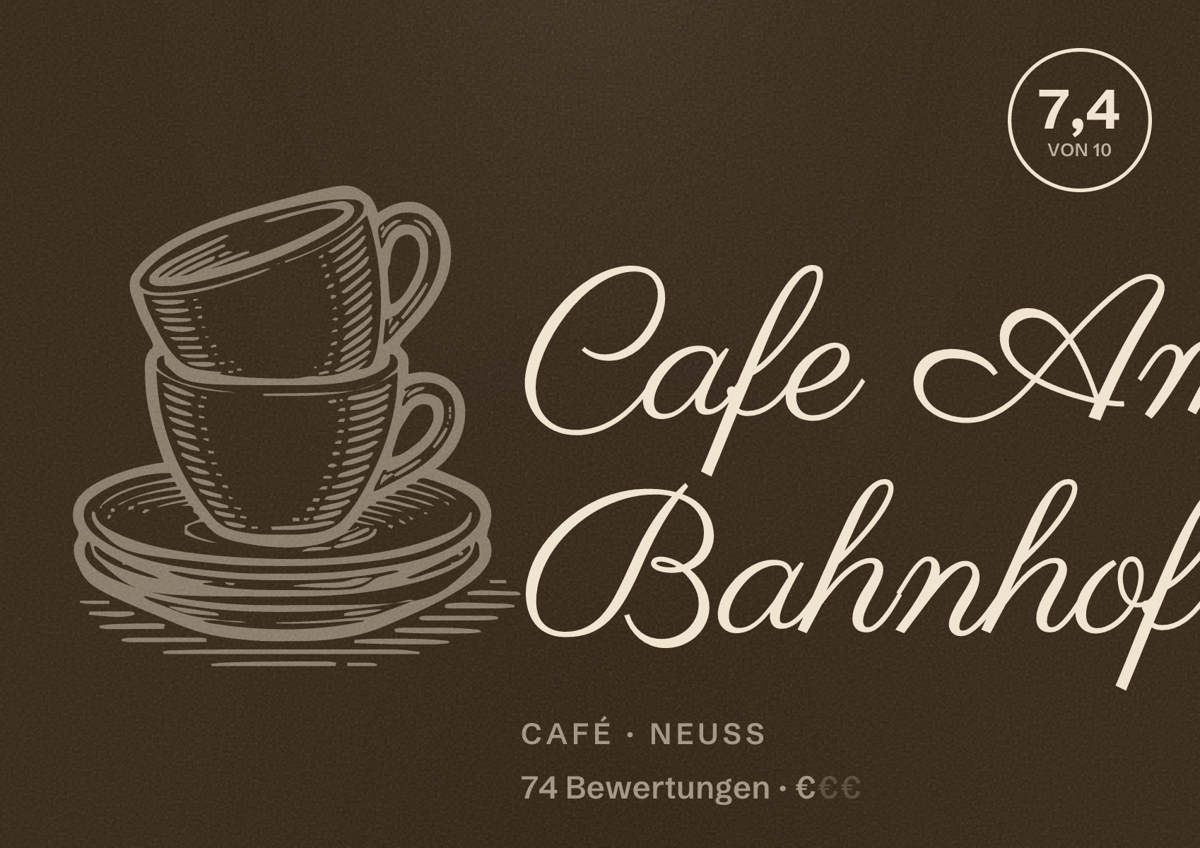 Illustriertes Poster von Cafe Am Bahnhof, Café in Neuss: Bewertung 7,4 von 10 aus 74 Bewertungen, Preisniveau €