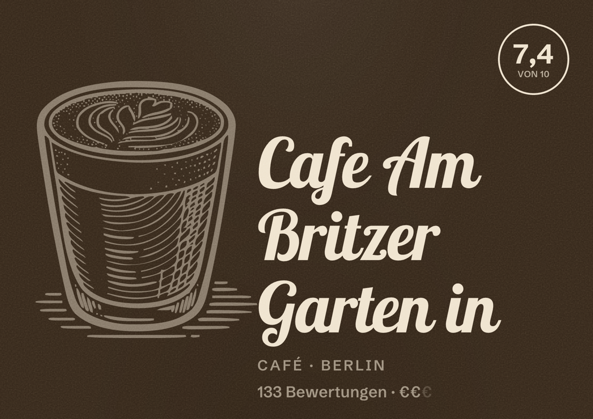 Illustriertes Poster von Cafe Am Britzer Garten in, Café in Berlin: Bewertung 7,4 von 10 aus 133 Bewertungen, Preisniveau €€