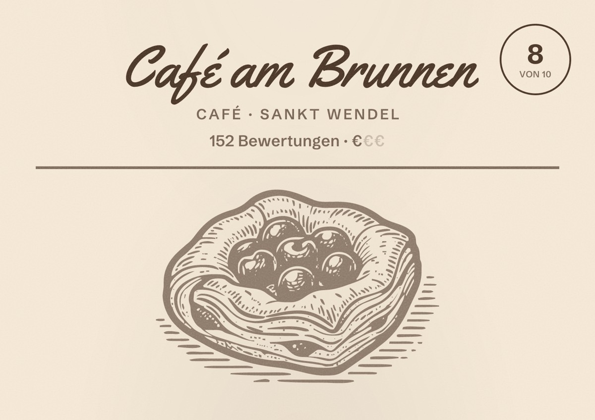 Illustriertes Poster von Café am Brunnen, Café in Sankt Wendel: Bewertung 8 von 10 aus 152 Bewertungen, Preisniveau €