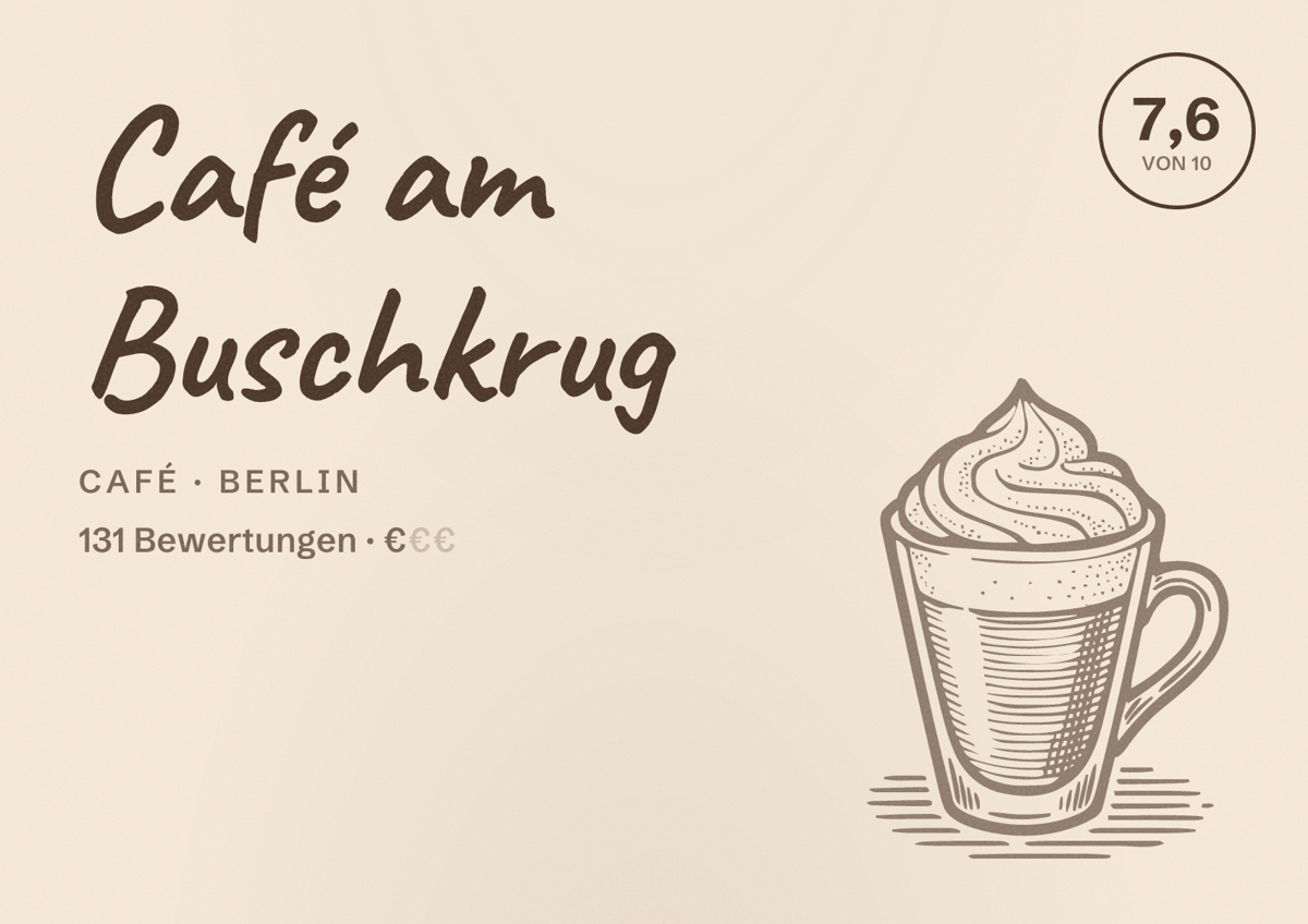 Illustriertes Poster von Café am Buschkrug, Café in Berlin: Bewertung 7,6 von 10 aus 131 Bewertungen, Preisniveau €