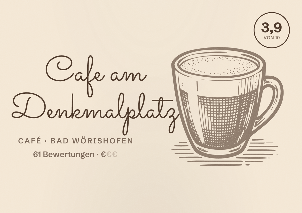 Illustriertes Poster von Cafe am Denkmalplatz, Café in Bad Wörishofen: Bewertung 3,9 von 10 aus 61 Bewertungen, Preisniveau €
