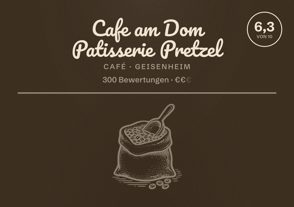 Illustriertes Poster von Cafe am Dom Patisserie Pretzel, Café in Geisenheim: Bewertung 6,3 von 10 aus 300 Bewertungen, Preisniveau €€