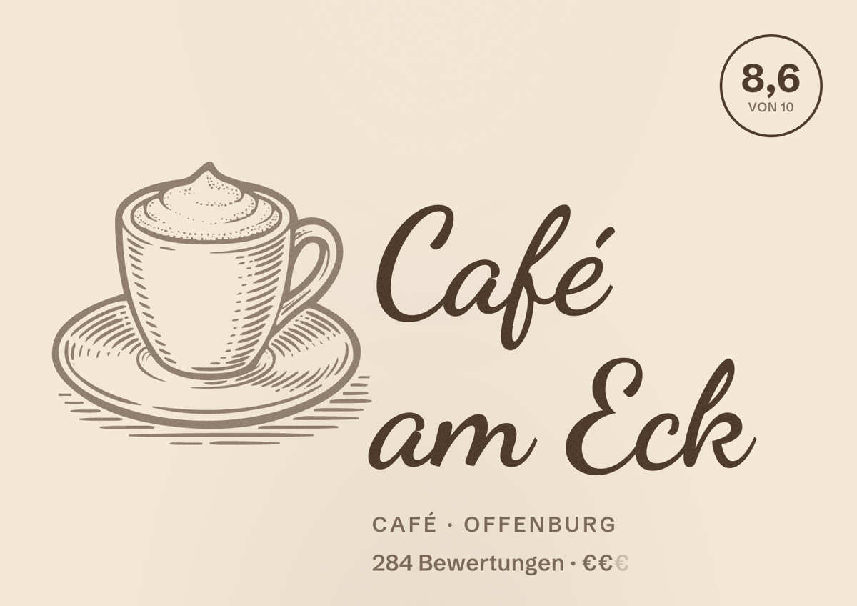 Illustriertes Poster von Café am Eck, Café in Offenburg: Bewertung 8,6 von 10 aus 284 Bewertungen, Preisniveau €€