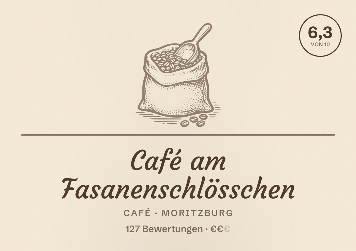 Illustriertes Poster von Café am Fasanenschlösschen, Café in Moritzburg: Bewertung 6,3 von 10 aus 127 Bewertungen, Preisniveau €€