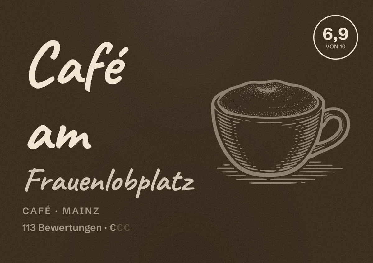 Illustriertes Poster von Café am Frauenlobplatz, Café in Mainz: Bewertung 6,9 von 10 aus 113 Bewertungen, Preisniveau €