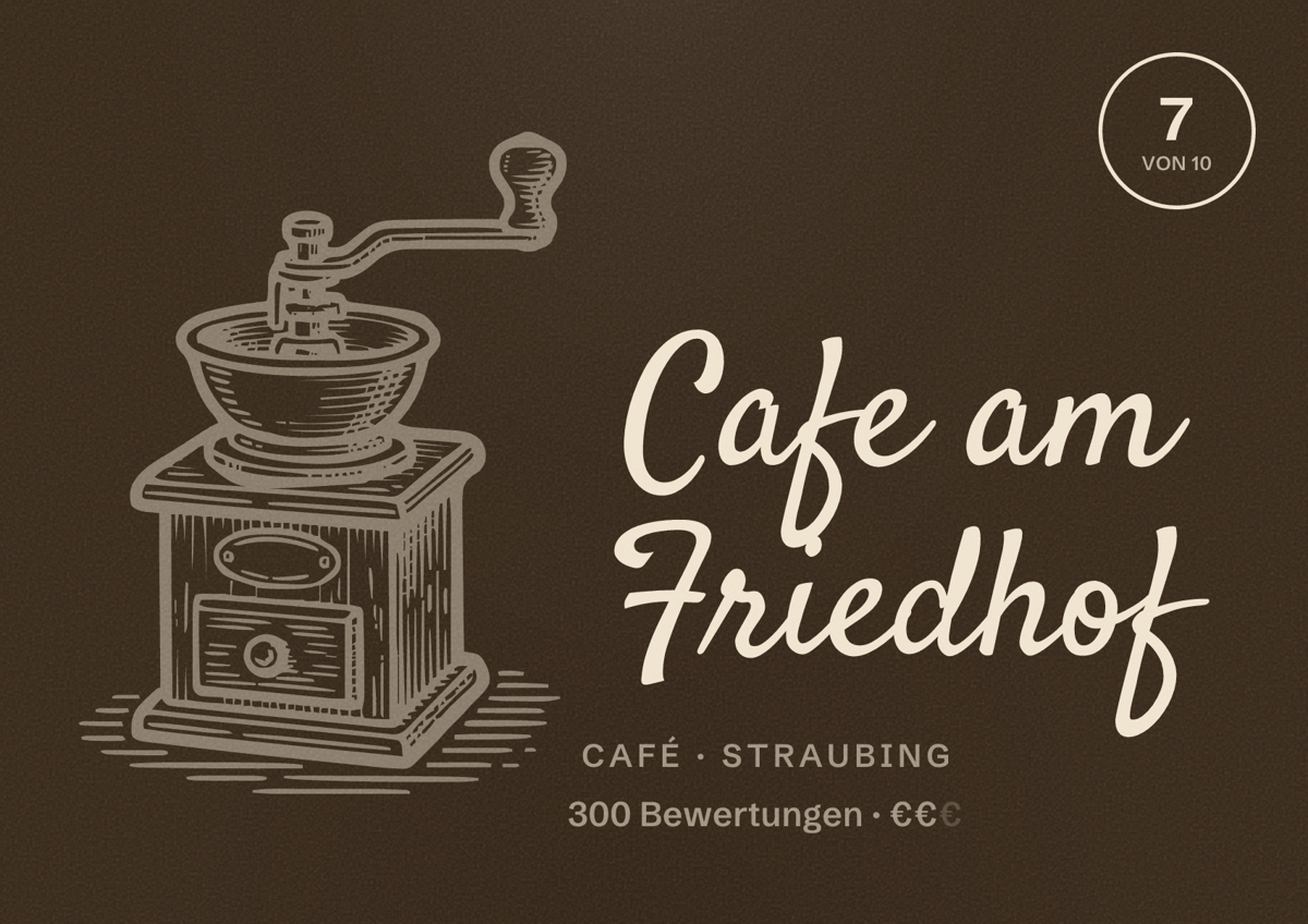 Illustriertes Poster von Cafe am Friedhof, Café in Straubing: Bewertung 7 von 10 aus 300 Bewertungen, Preisniveau €€
