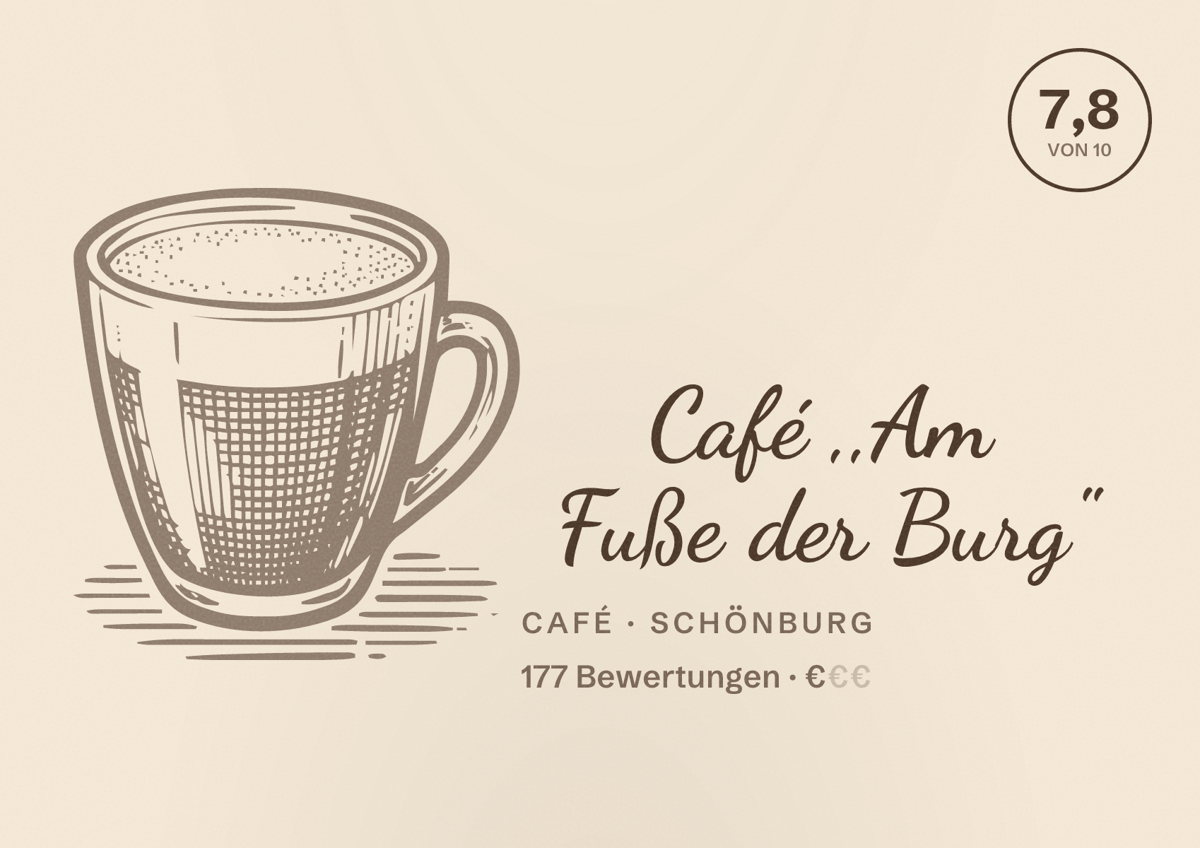 Illustriertes Poster von Café ,,Am Fuße der Burg", Café in Schönburg: Bewertung 7,8 von 10 aus 177 Bewertungen, Preisniveau €