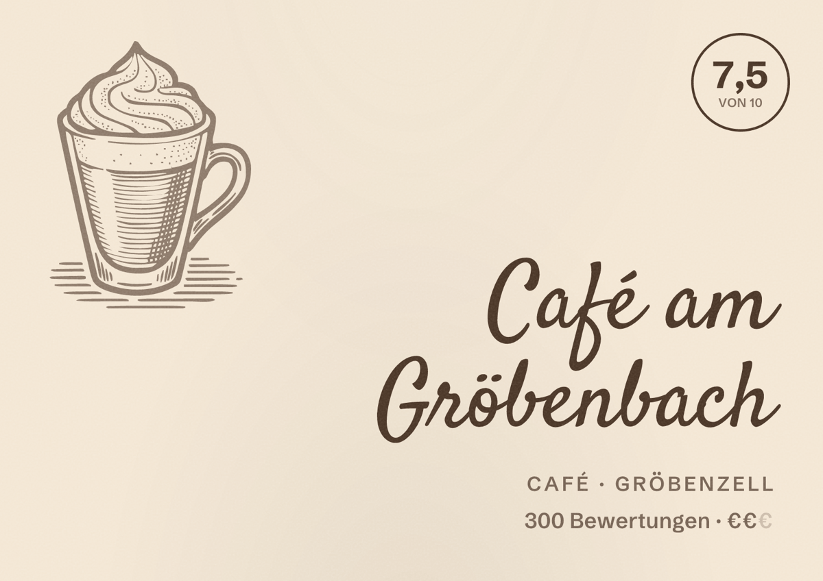 Illustriertes Poster von Café am Gröbenbach, Café in Gröbenzell: Bewertung 7,5 von 10 aus 300 Bewertungen, Preisniveau €€