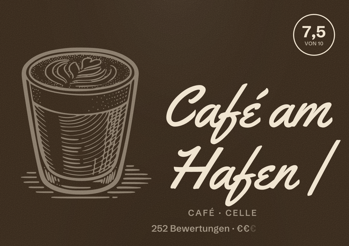 Illustriertes Poster von Café am Hafen |, Café in Celle: Bewertung 7,5 von 10 aus 252 Bewertungen, Preisniveau €€