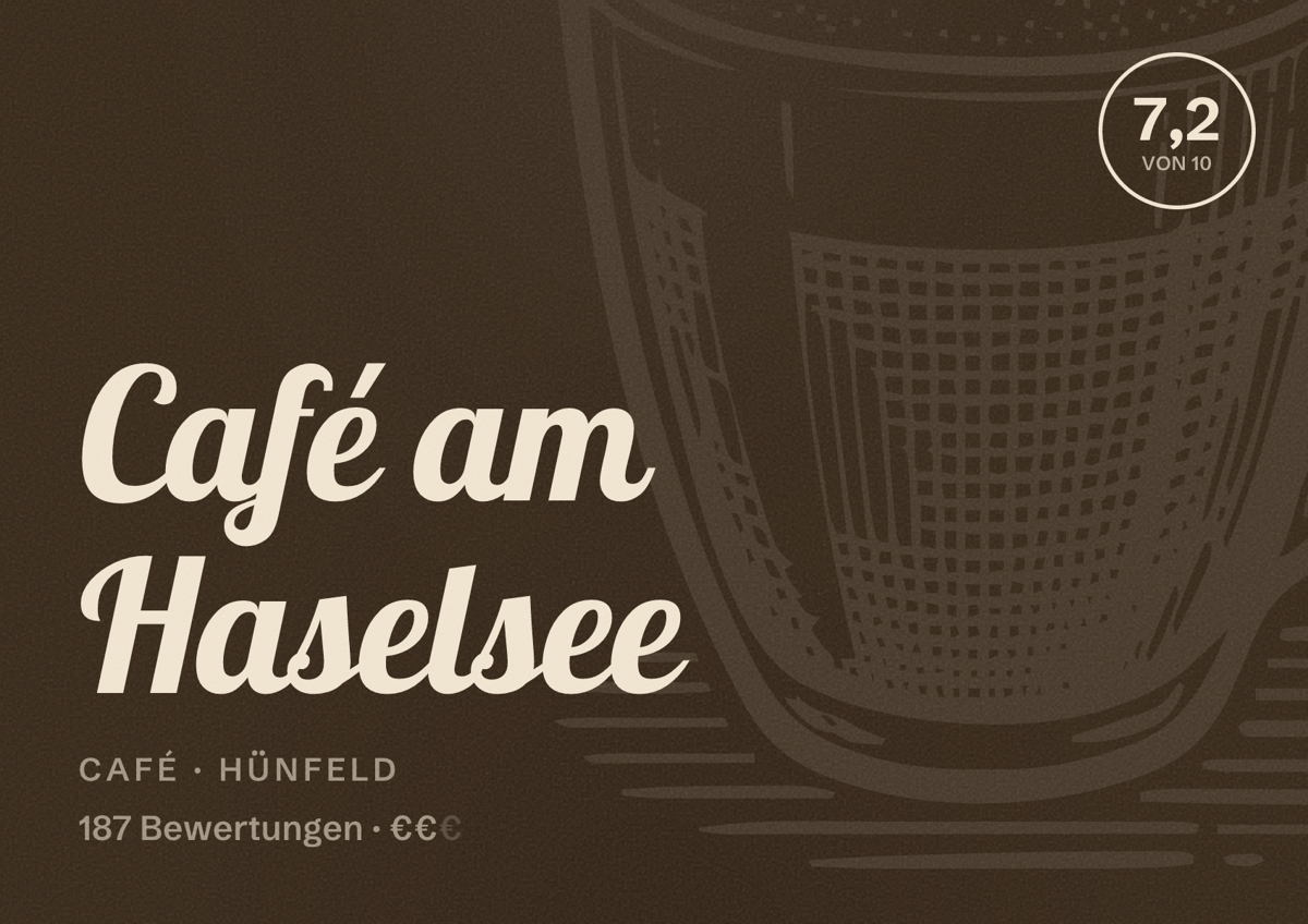 Illustriertes Poster von Café am Haselsee, Café in Hünfeld: Bewertung 7,2 von 10 aus 187 Bewertungen, Preisniveau €€