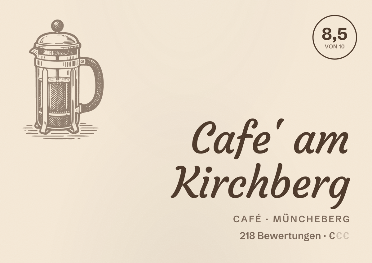 Illustriertes Poster von Cafe' am Kirchberg, Café in Müncheberg: Bewertung 8,5 von 10 aus 218 Bewertungen, Preisniveau €